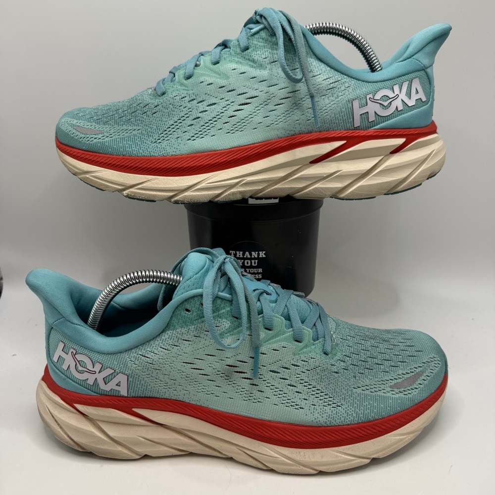 HOKA Clifton 8 Women’s Running Shoes Turquoise Coral Size 11B Cushioned